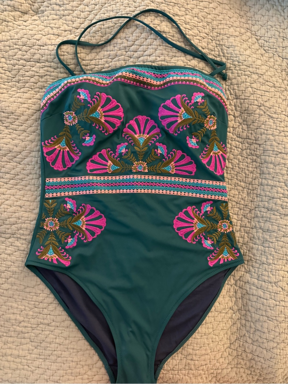 Boden Paros Bandeau Swimsuit with Pink & Purple Embroidery - Picture 2 of 5